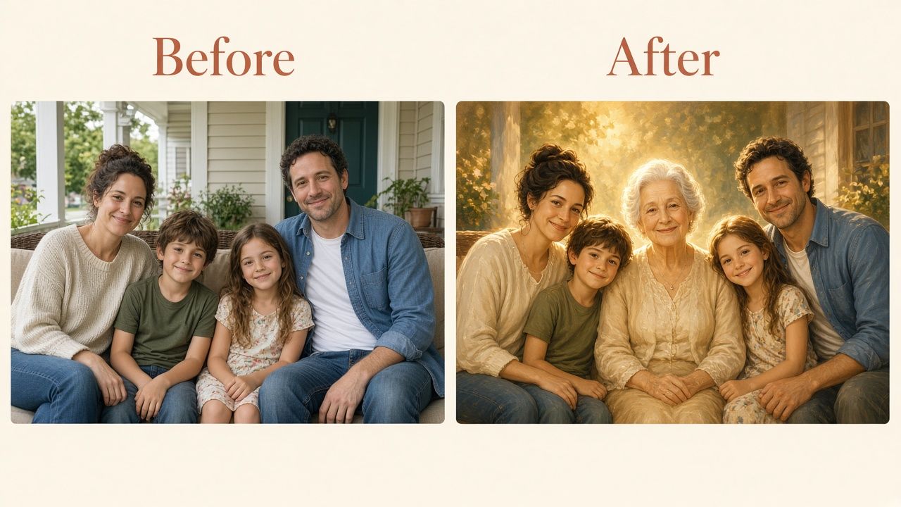 Before: family photo. After: created family portrait with grandmother included