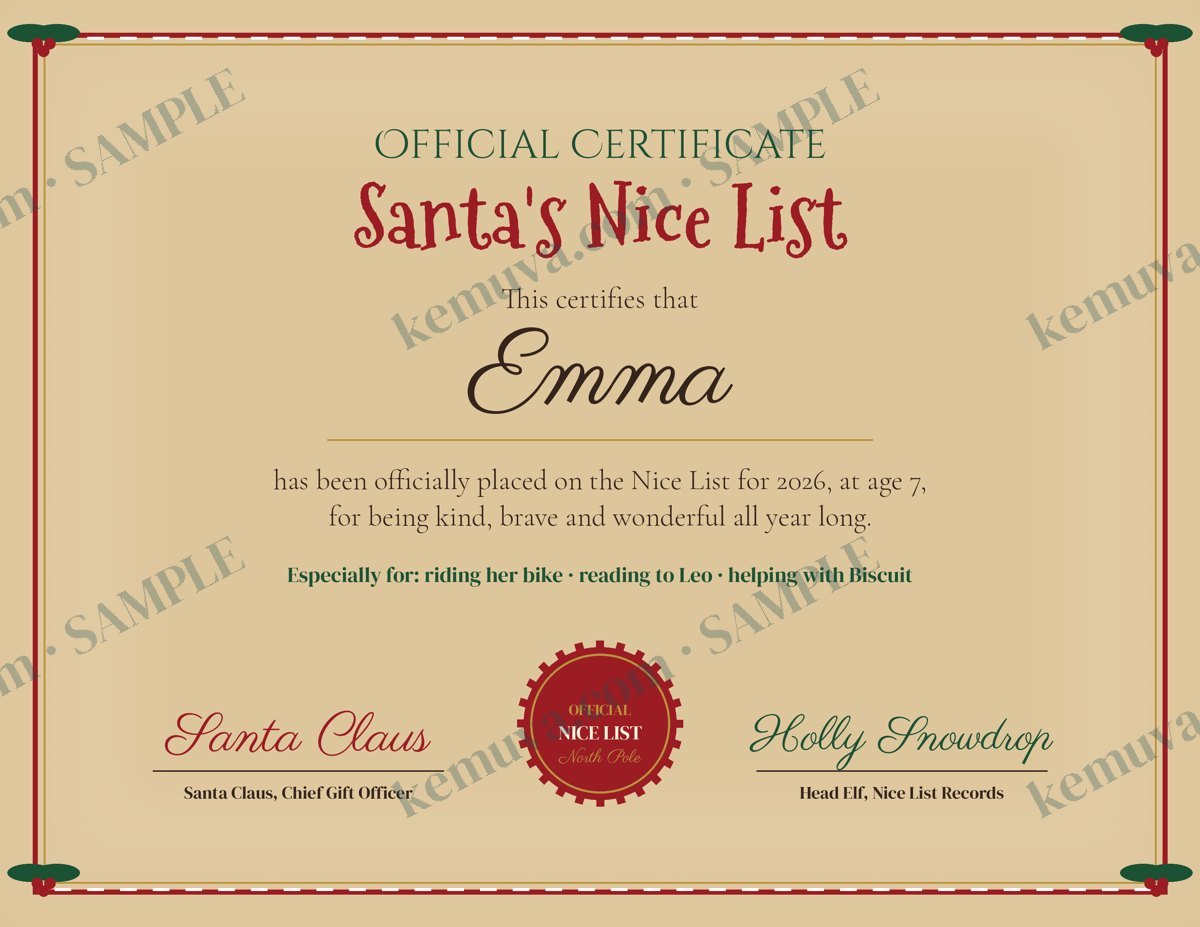 Sample Nice List certificate
