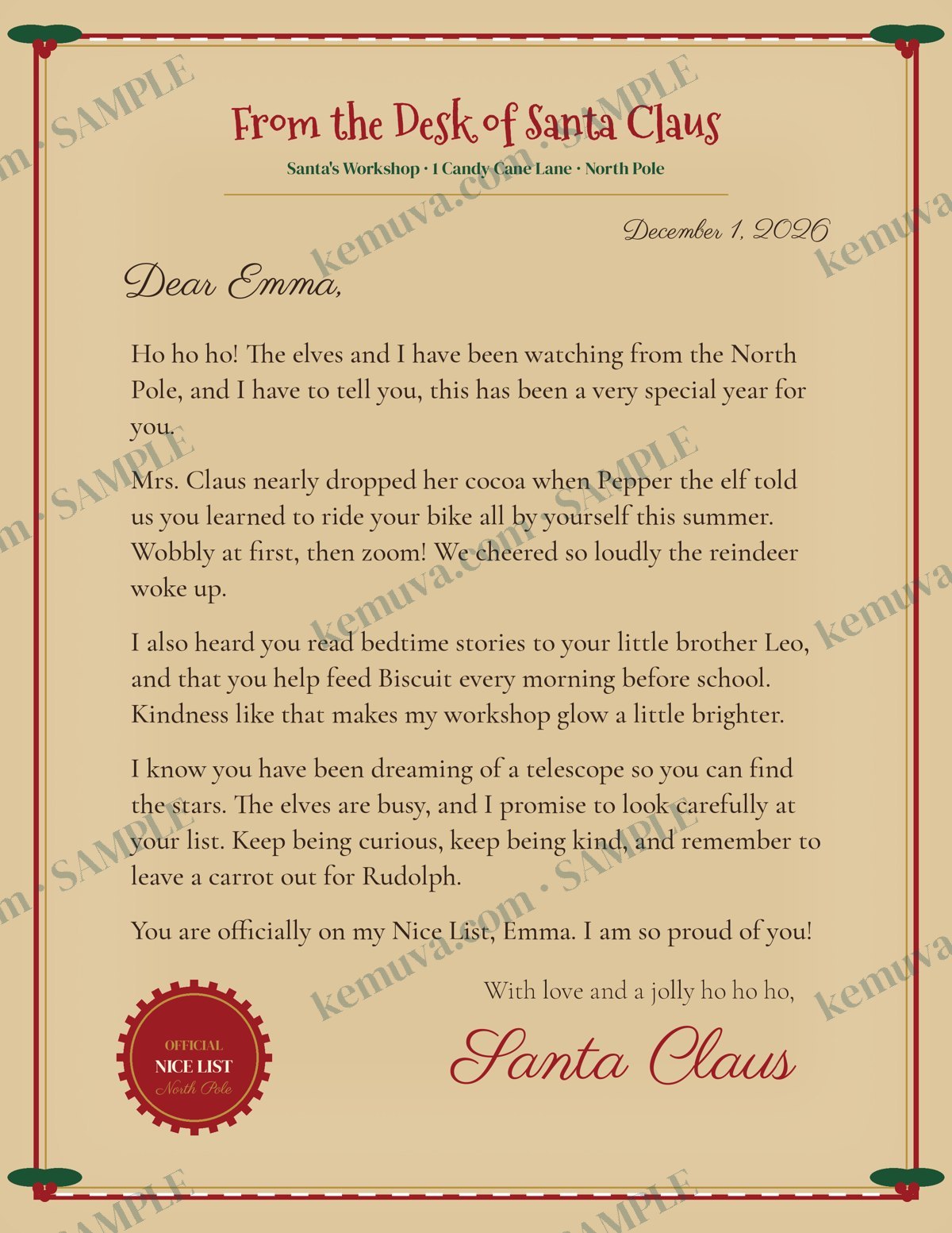 Sample personalized Letter from Santa